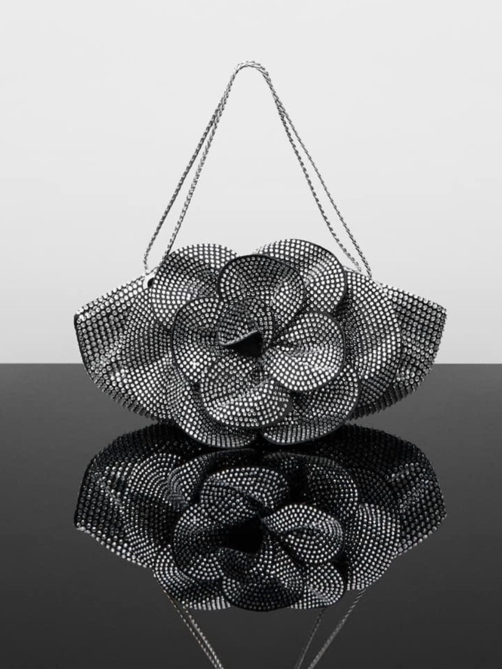 Rhinestone Flower Accent Evening Clutch - Black